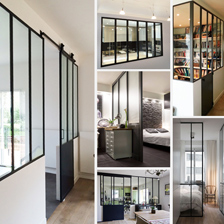 Verrière atelier séparant une cuisine d’un salon.